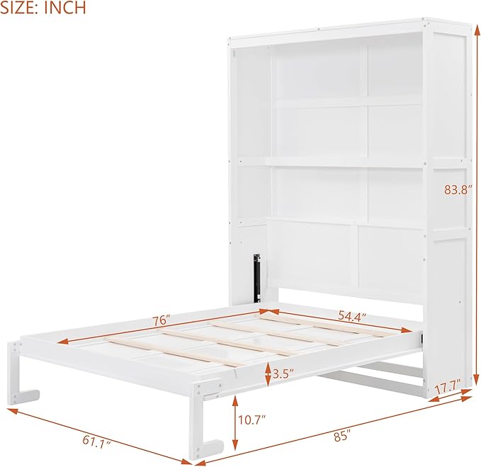 Full Size Wood Versatile Murphy Bed Frame with Storage Shelves