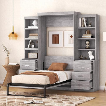 Queen Size Murphy Bed with a Shelf Grey