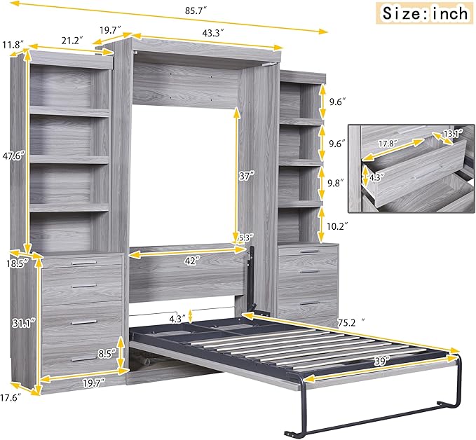 Queen Size Murphy Bed with a Shelf Grey